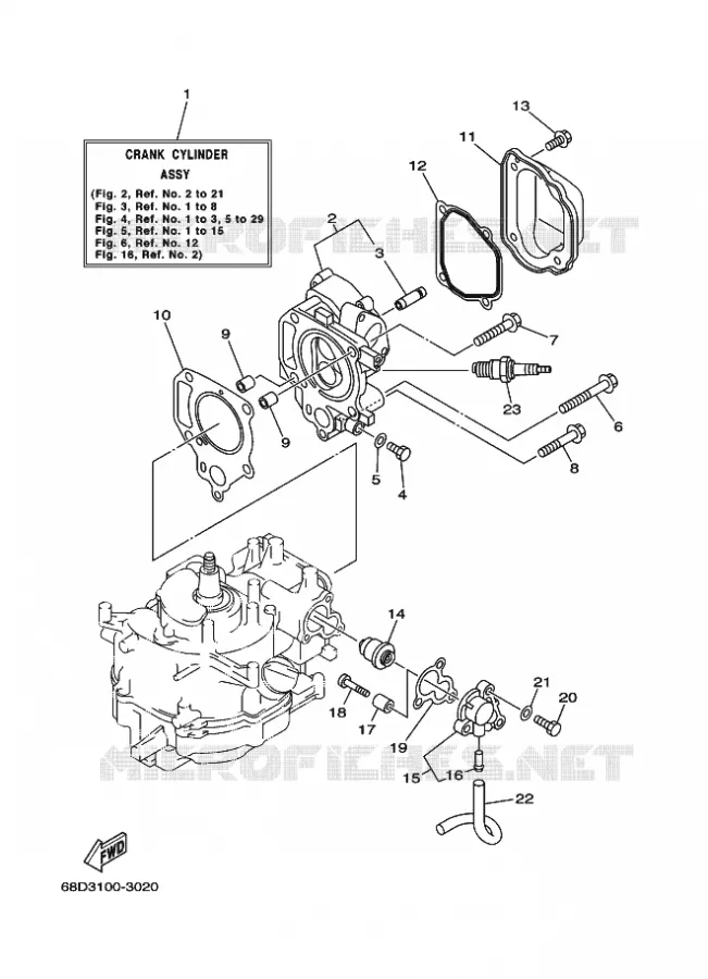CYLINDRE / CARTER MOTEUR 1 Yamaha OUTBOARD ENGINES 4hp (2.9kW) 2005 F4  F4AMHL