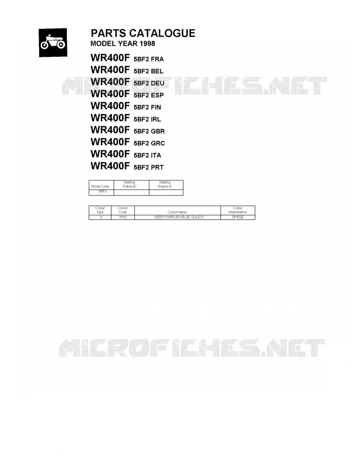 * CATALOG PREFACE * Yamaha MOTO 400 1998 WRF  WR400F